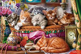 Пазл Рыжий Кот 1500 деталей: Ночные котята в корзине