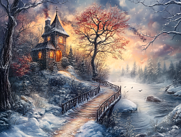 Пазл деревянный Алма 500 деталей. Волшебство природы. Каменный коттедж у озера.