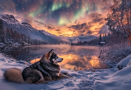 Пазл Алма деревянный 1000 деталей Волшебство природы. Хаски и северное сияние