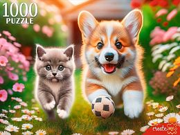 Пазл Рыжий Кот 1000 деталей: Корги и британский котенок