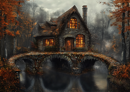 Картина интерьерная на стену, постер Коттедж на мосту