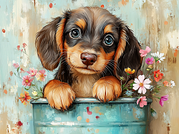 Пазл деревянный Алма 500 деталей. Пушистые создания. Цветы и щенок таксы