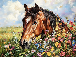 Пазл деревянный Алма 500 деталей. Лошади. Лошадь среди моря цветов