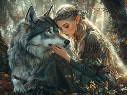 Картина интерьерная на стену, постер Эльфийка и волк